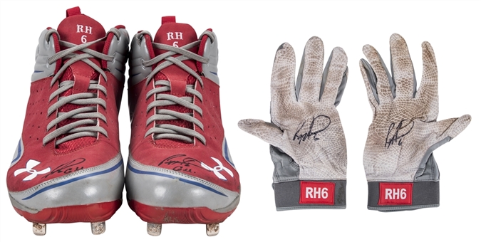 Lot of (2) Ryan Howard Game Used Under Armour Cleats & Batting Gloves (Howard LOA)